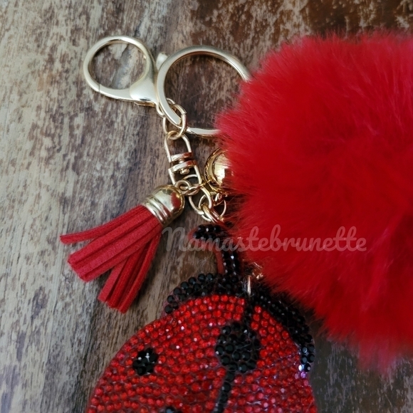 Rhinestone Ladybug Pom Pom Tassel Keychain/Bag Charm - Picture 4 of 16
